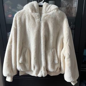 Zara Faux Fur Reversible Bomber Jacket In Cream